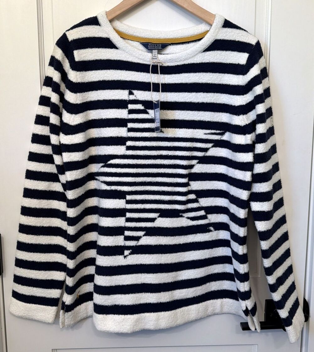 NWT Joules Knitwear Women Striped Star Navy Cream Sweater Sz 12 Nautical Coastal